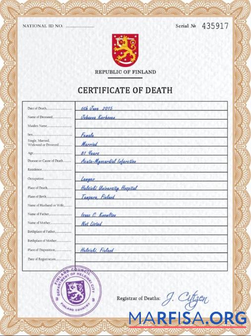 Downloadable Finland death certificate PSD template